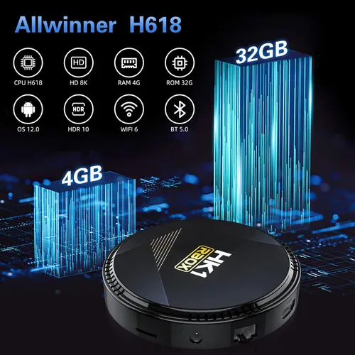 Vista 2 de HK1 Android TV Box 2026, Android 12.0 TV Box con 8K Decodificación 4GB RAM 32GB ROM Allwinner H618 Quad-Core, 2.4GHz/5.0GHz WiFi6 Bluetooth 4.0+