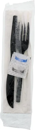 Vista 2 de AmerCare Royal - Juego de cubiertos desechables 5 en 1 de plástico resistente con tenedor, cuchillo, paquetes de sal y pimienta, servilleta de 2