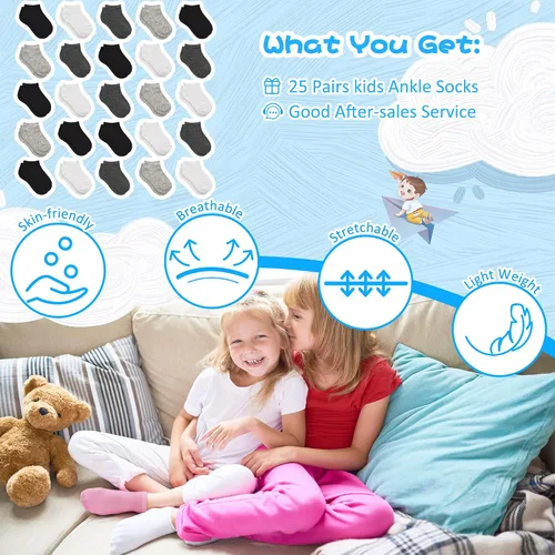 Vista 7 de SPTRAMLE Calcetines para niños, 25 pares de calcetines de corte bajo para niños y niñas (0 a 14 años), 25 pares de calcetines de tobillo para niños