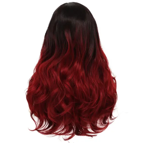 Vista 5 de Kaneles Peluca rizada de color rojo degradado, pelucas de cabello largo ondulado para mujer, pelucas de fibra sintética negra y roja para fiesta