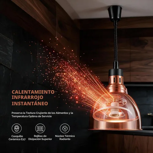 Vista 3 de Lámpara de calor comercial para alimentos y papas fritas para colgar servicio de alimentos (diámetro de 9.8 in (cobre))