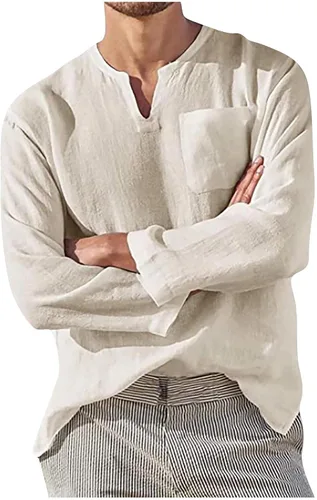 Vista 4 de XDTDRYRYU Camisetas para hombre, cuello en V, manga larga, de algodón, formal, de negocios, a la moda, transpirables, Henley, 424