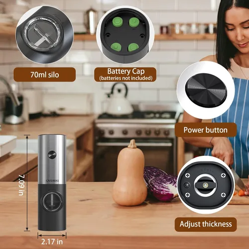 Vista 5 de Molinillo eléctrico de sal o pimienta, funciona con pilas, molinillo automático de sal y pimienta con luz LED, grosor ajustable, incluye cepillo