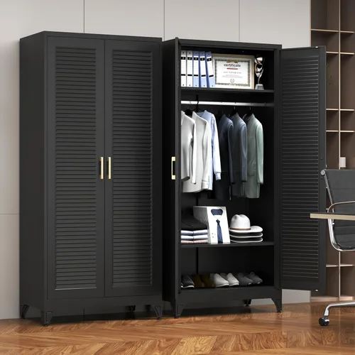 Vista 4 de SteeLoong Armario de metal de 71 pulgadas con barra para colgar, armario con puertas y estantes ajustables, armarios de almacenamiento de ropa negra