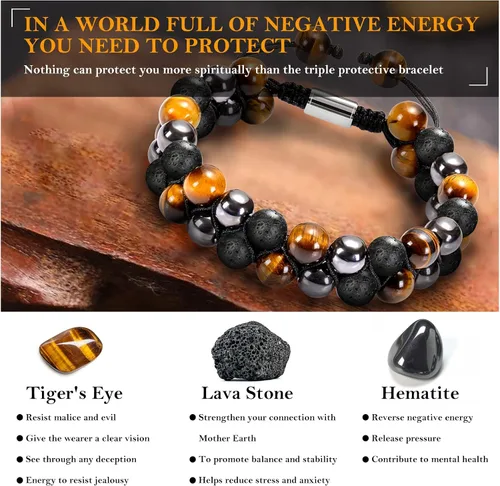 Vista 2 de MJartoria Pulsera de triple protección para hombres y mujeres, ojo de tigre, obsidiana negra y hematita de 0.315 in, pulsera de cuentas de yoga