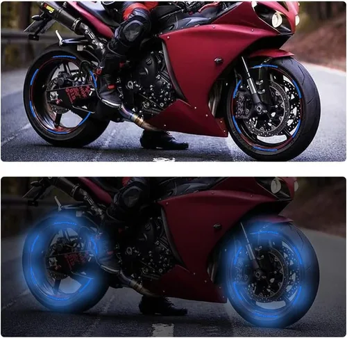 Vista 6 de 40 calcomanías reflectantes a rayas para llantas, calcomanías decorativas de seguridad para llantas de neumáticos para motocicleta, bicicleta, Azul