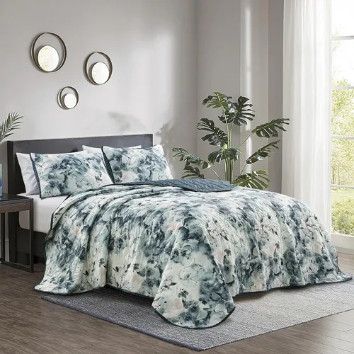Vista 12 de ESCA - Juego de colcha de 3 piezas, tamaño Queen, con estampado de girasoles amarillos reversible, floral negro y verde