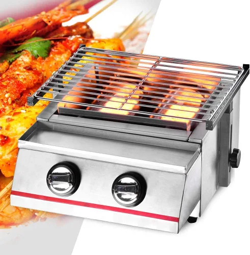 Vista 7 de Parrilla de mesa portátil de gas de 2 quemadores, barbacoas de gas LPG, parrilla de mesa antiadherente, parrilla de gas para fiestas, barbacoas