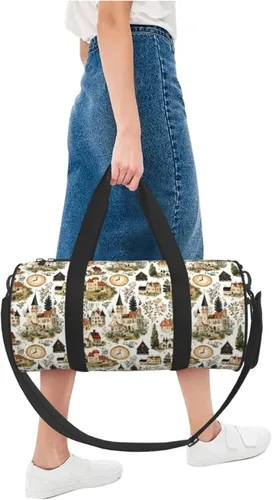 Vista 5 de Large Duffle Bag for Travel - Retro Village Print Gym Bag for Women Men, Travel Foldable Bags for Women Men with Zippered Multiple Pockets
