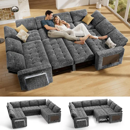 Vista 12 de Vipbear Sofá cama modular en forma de L de 7 asientos con otomana/cama extraíble/respaldo reclinable/puertos USB/mesa/luz LED/asiento de Negro