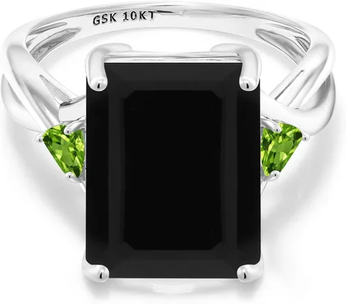 Vista 2 de Gem Stone King 7.12 Ct Emerald Cut Black Onyx Green Peridot 10K White Gold 3 Stone Women Ring