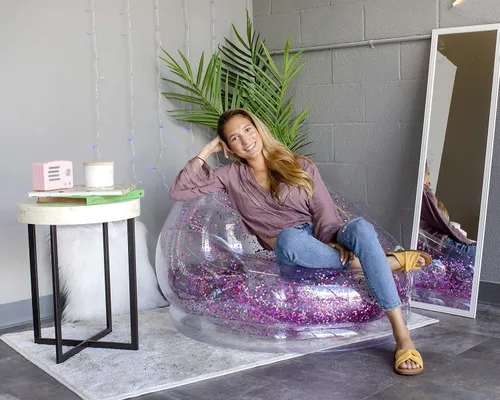 Vista 3 de Air Candy Silla inflable con purpurina, rellena con purpurina holográfica que cambia de color de 0.236 pulgadas, fabricada con PVC fuerte que