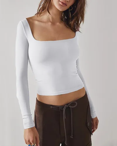 Vista 3 de Beumissy Camisas básicas de manga larga con cuello cuadrado para mujer, ajustadas, con doble forro