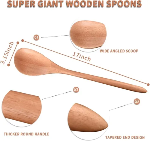 Vista 2 de Cuchara de Madera Gigante - Cucharón Grande de Esquina de 17 pulgadas, en Ángulo Recto, Cucharón de Cocina con Mango Largo Cómodo para Servir