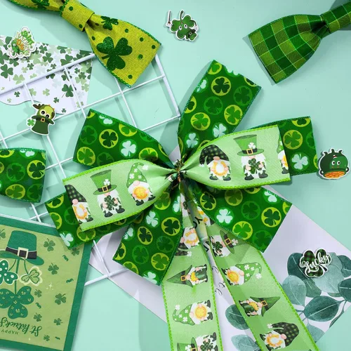 Vista 4 de Whaline Cinta de borde con alambre del día de San Patricio, trébol verde, gnomo, tela a cuadros, para envolver manualidades irlandesas