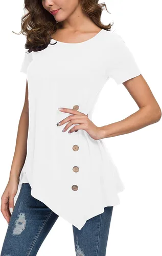 Vista 2 de VIISHOW Women's Short Sleeve Scoop Neck Button Side T Shirts Loose Fitting Tunic Solid Color Tops Blouse