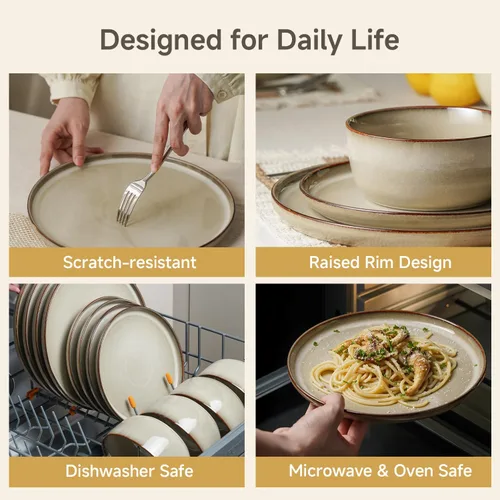 Vista 5 de Stoneware Dinnerware Sets for 8, Reactive Glaze, Beige