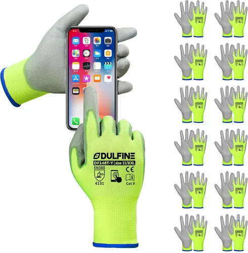 Vista 13 de DULFINE Guantes de trabajo ultrafinos con revestimiento de PU - 12 pares, excelente agarre, carcasa de nylon guantes de trabajo de seguridad