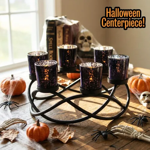 Vista 2 de Portavelas de Halloween Decoración de Centro de Mesa – Portavelas de Hierro Metal Negro de 6 Copas para Velas Votivas y de Té para Mesa Espeluznante