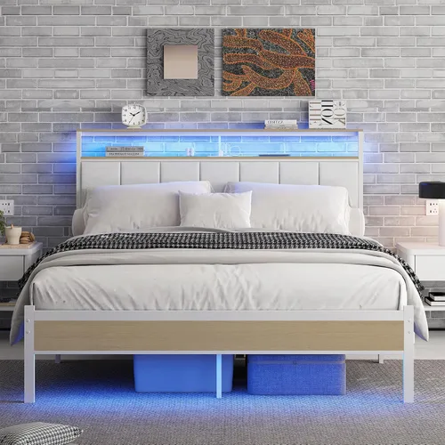 Vista 11 de Marco de cama matrimonial con estación de carga y luces LED, cabecero tapizado en negro con estantes de almacenamiento de 2 niveles, marco de cama