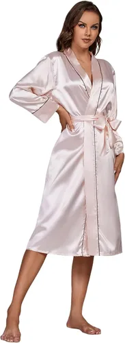 Vista 4 de LYANER Bata de baño de satén para mujer, kimono, dama de honor, novia, boda, fiesta, bata larga
