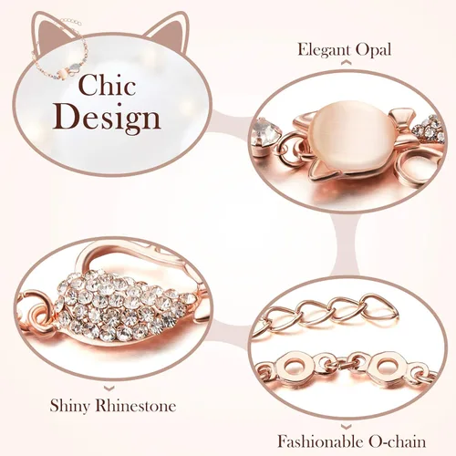 Vista 3 de Juego de 3 piezas de joyería de gato para niñas, collar de gato, pulsera, aretes, colgante de ópalo rosa para adolescentes y mujeres, regalo