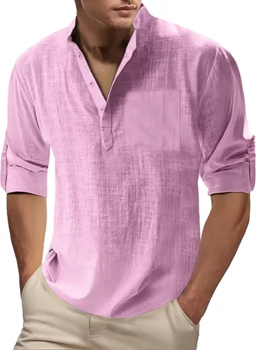 Vista 9 de Camisa de lino para hombre, manga larga, Henley, casual, verano, grande, alta, algodón, ligera, para negocios, trabajo, vacaciones, crucero
