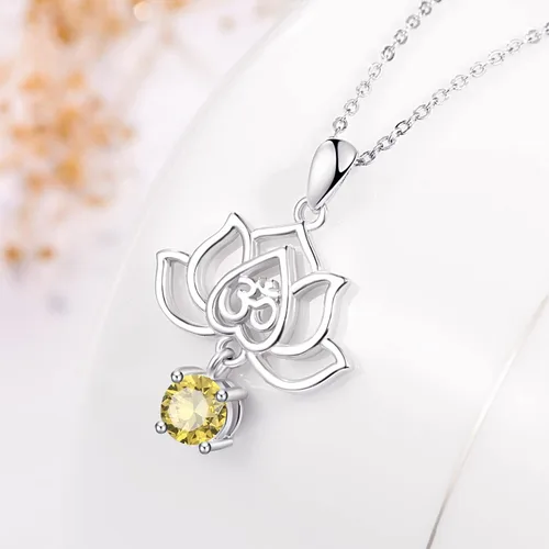 Vista 2 de TANGPOET Lotus Flower with Birthstone Necklace for Women 925 Sterling Silver Om Pendant Necklace Healing Jewelry Gifts for Christmas Birthday with