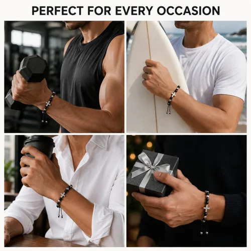 Vista 5 de JAYUMO Pulsera de cuentas ajustable con cuentas de ojo de tigre de piedra natural para hombre y mujer Cruz de ónix negro