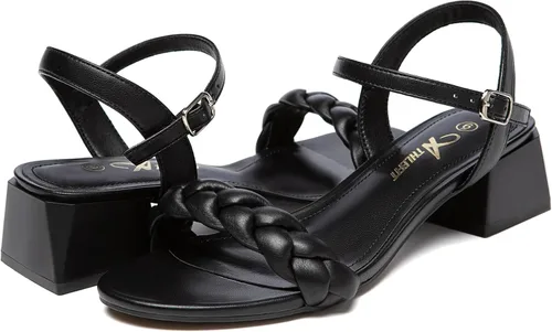 Vista 3 de Athlefit Sandalias trenzadas de tacón bajo para mujer, puntera abierta, correa en el tobillo, tacón grueso, zapatos de tacón grueso para vestir
