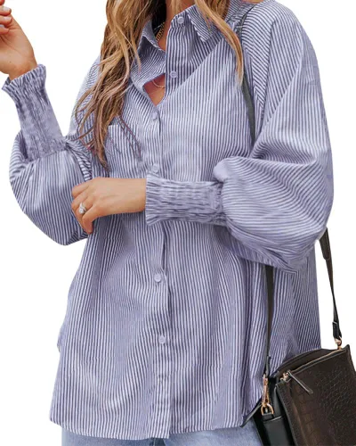 Vista 3 de OPOIPIN Blusa de manga larga con botones y bolsillo para mujer, con estampado a rayas