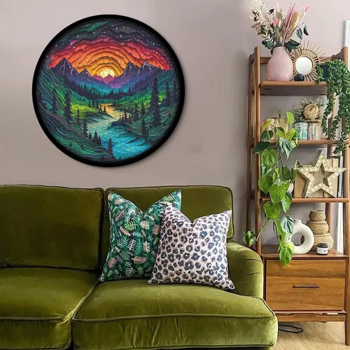 Vista 6 de Rompecabezas del Bosque Mágico para Adultos de 1000 Piezas, Rompecabezas de Paisaje de Naturaleza con Árbol Redondo, Montaña, Río y Puesta de Sol