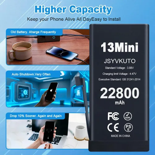 Vista 3 de Batería de 22800 mAh para iPhone 13 Mini, nueva batería de repuesto de 0 ciclos mejorada de mayor capacidad para iPhone 13 Mini con juego completo