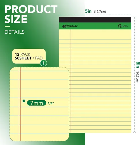 Vista 2 de KAISA Blocs de notas de tamaño legal amarillos 12blocs, hojas en papel reciclado de 5 x 8 pulgadas, con líneas estrechas, papel rayado pequeño