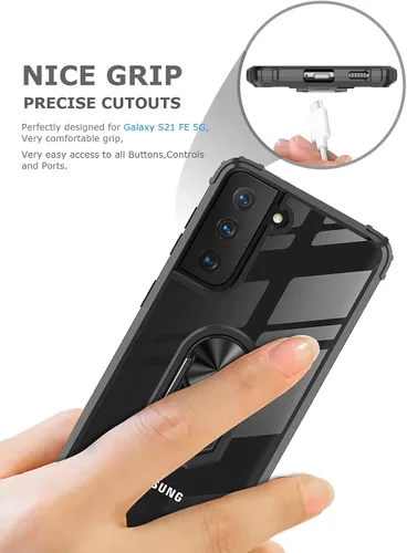 Vista 6 de Funda transparente con función atril para Samsung Galaxy S21 FE 5G, protección contra caídas para Galaxy S21 Fe, parachoques flexible + parte Negro
