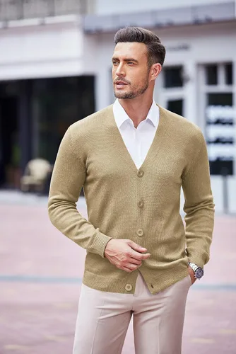 Vista 3 de COOFANDY Suéter de punto con cuello en V para hombre, casual, ligero, con botones