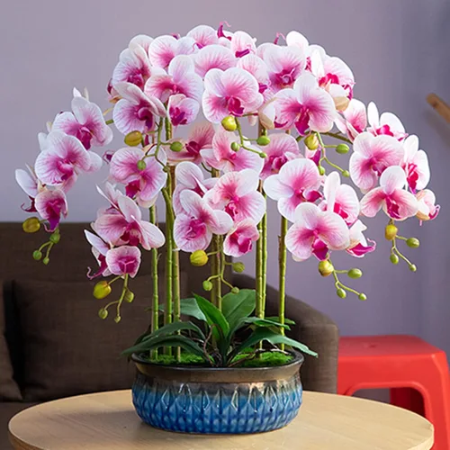 Vista 5 de HinyoCo 6 piezas de orquídeas artificiales Phalaenopsis flores artificiales de tallo de 32 pulgadas para decoración del hogar y boda