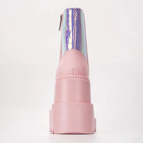 Vista 6 de Cape Robbin Botines de plataforma holográficos para mujeres, tacones gruesos en bloque, punta puntiaguda, cuero PU con correa de hebilla
