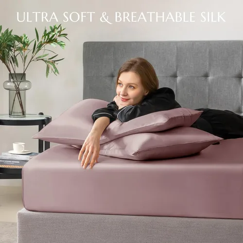 Vista 62 de THXSILK Juego de sábanas bajeras de 100% seda de morera, 3 piezas de seda 7A+, transpirable, suave, sábana bajera de 16 pulgadas de profundidad, 2