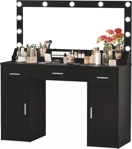 Vista 7 de MIRROTOWEL Escritorio de tocador de 47.5 pulgadas con espejo grande, 3 modos de iluminación de color, brillo ajustable, cómoda con 3 cajones y 2
