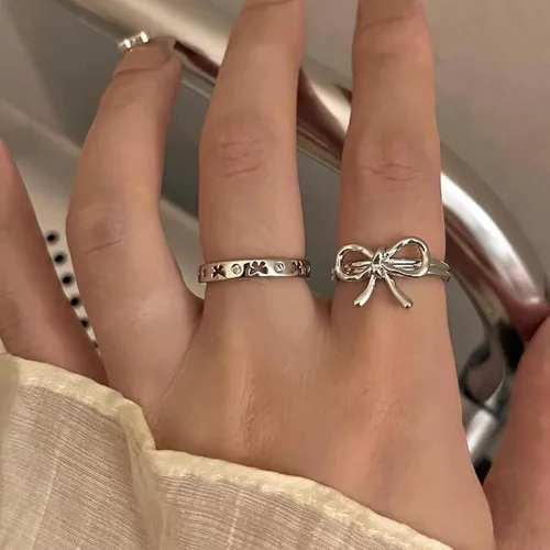 Vista 3 de 3 anillos de perlas de plata para mujer, anillos apilables de plata con forma de corazón y mariposa, anillos de plata ajustables, anillo
