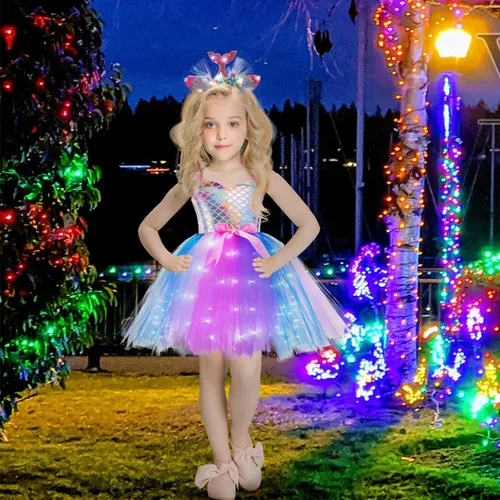 Vista 8 de Girls Mermaid Tutu Dress for Birthday Party, LED Light Up Halloween Mermaid Outfit Dress Up Dress with Headband