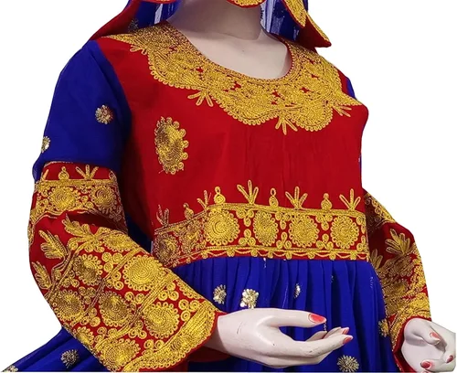 Vista 2 de Afghan Kuchi tradicional, vestido de gasa de tres piezas bordado ligero de color azul, Azul Patchwork, M