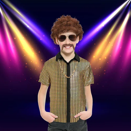 Vista 2 de BEARAE Disfraz de discoteca de 5 piezas de los años 60 y 70 para niños, camisa de vestir de lentejuelas para baile, disfraz de cosplay para fiesta