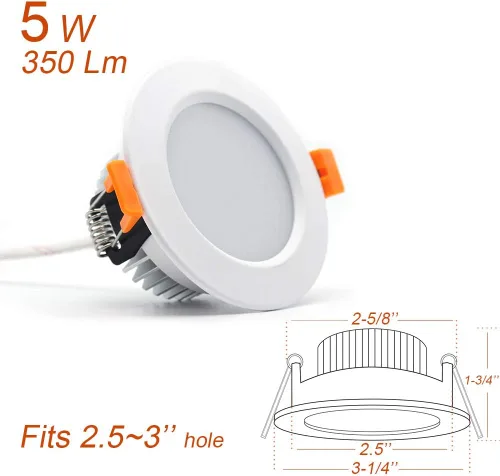 Vista 2 de Iluminación empotrable LED regulable de 2.5 pulgadas, lámpara descendente de 5 W, blanco cálido de 3000 K, CRI 80 con controlador LED, como lámpara