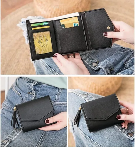 Vista 2 de Cartera con tarjetero RFID para mujer, billetera delgada, plegable, multitarjetero con cremallera, Negro con azul