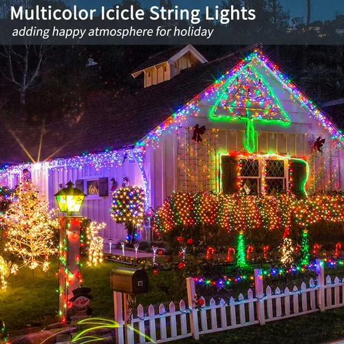 Vista 5 de Blingstar - Luces de carámbano, luces de Navidad multicolor, 32.8 pies, 300 bombillas LED, 60 tiras, tiras de luces enchufables con 8 modos