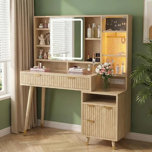 Vista 8 de DICTAC Escritorio de maquillaje estriado de 53 pulgadas con luces y espejo deslizante, tocador superior de vidrio con cajones y gabinetes de vidrio