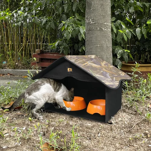 Vista 7 de Casa para Gatos al Aire Libre, Refugio Impermeable para Mascotas/Comedor, para Gatos Salvajes/Comunitarios (Camo1)