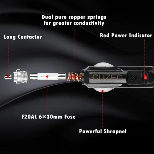 Vista 2 de CUZEC Cable de carga de enchufe de encendedor de cigarrillos macho a macho de 20 A, 12 pies / 12.0 ft, 14 AWG con indicador LED y protección